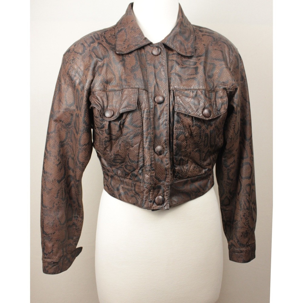 Vintage Bermans Snake Print Leather Cropped Jacket Brown Black 80s Moto S